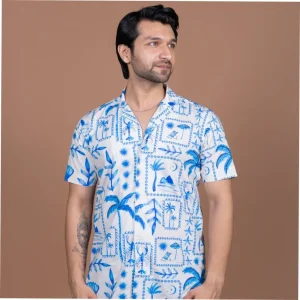 15 Buttons Blue Lagoon Pet Parent Shirt for Men (Blue/Off White)