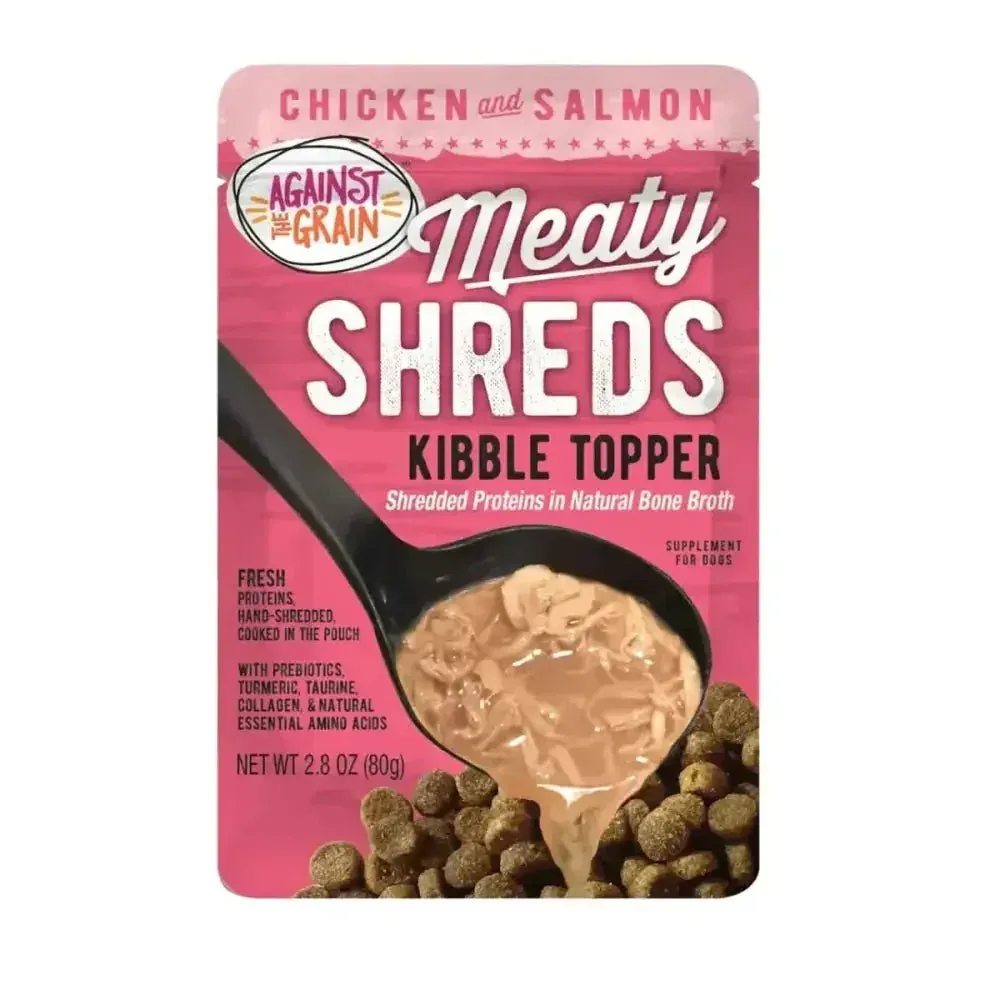Against the Grain Shreds Kibble Topper Chicken & Salmon in Bone Broth Pouch 24/2.8oz