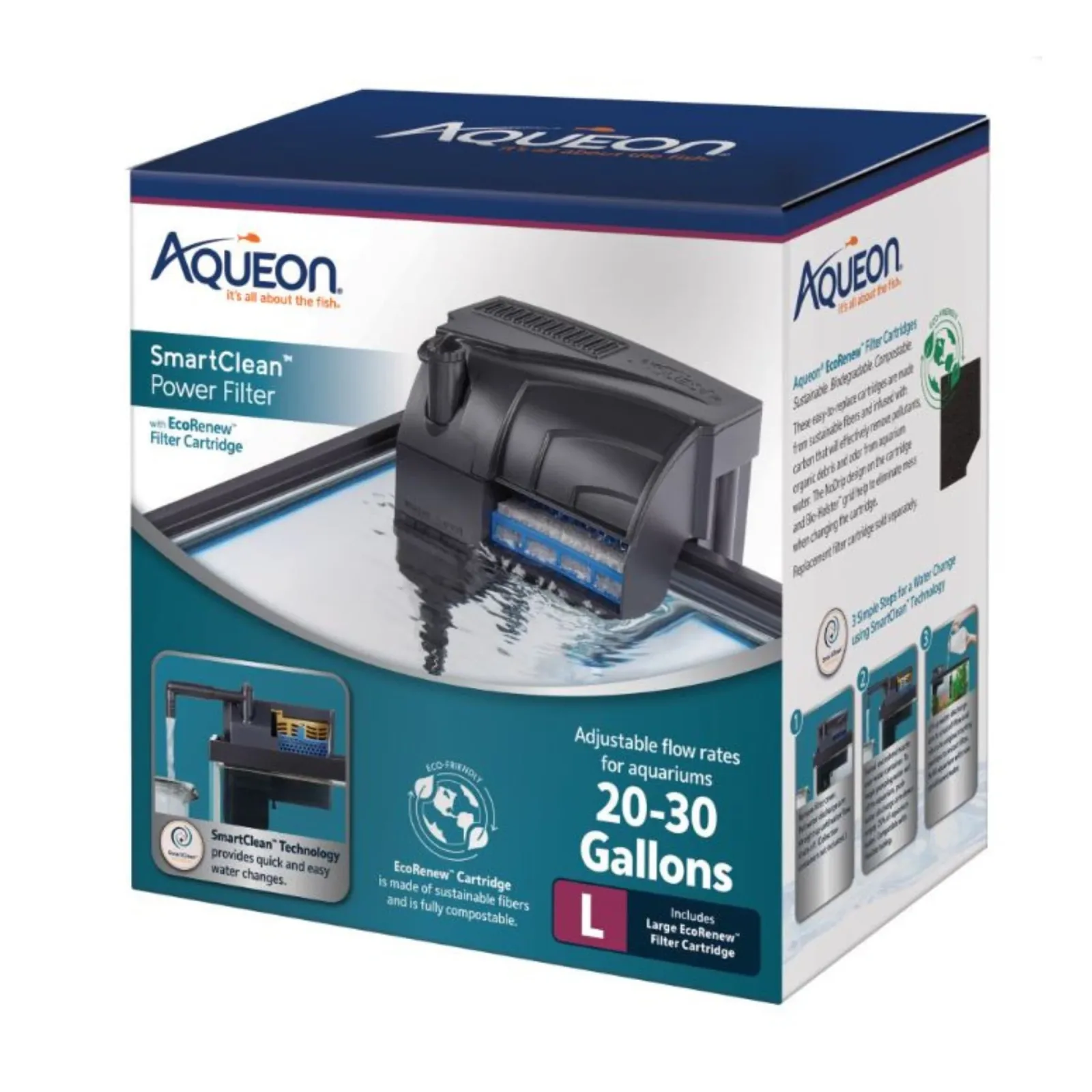 Aqueon SmartClean Power Aquarium Filter with EcoRenew Filter Cartridge, 2030 gal