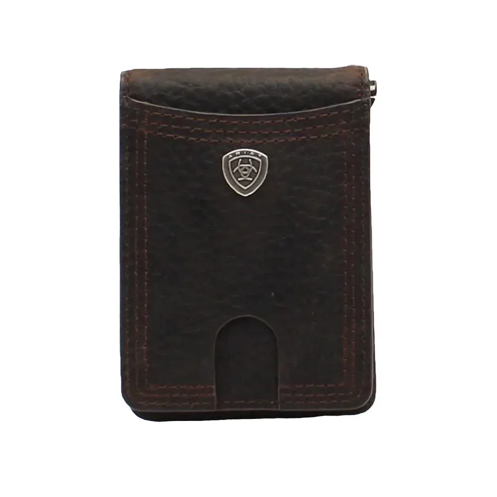 Ariat Men's Rowdy Shield Logo Brown Money Clip Bifold Wallet