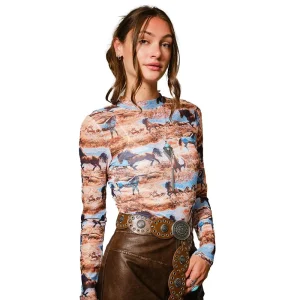 Blue B Women's Brown Western Horse Mesh Top