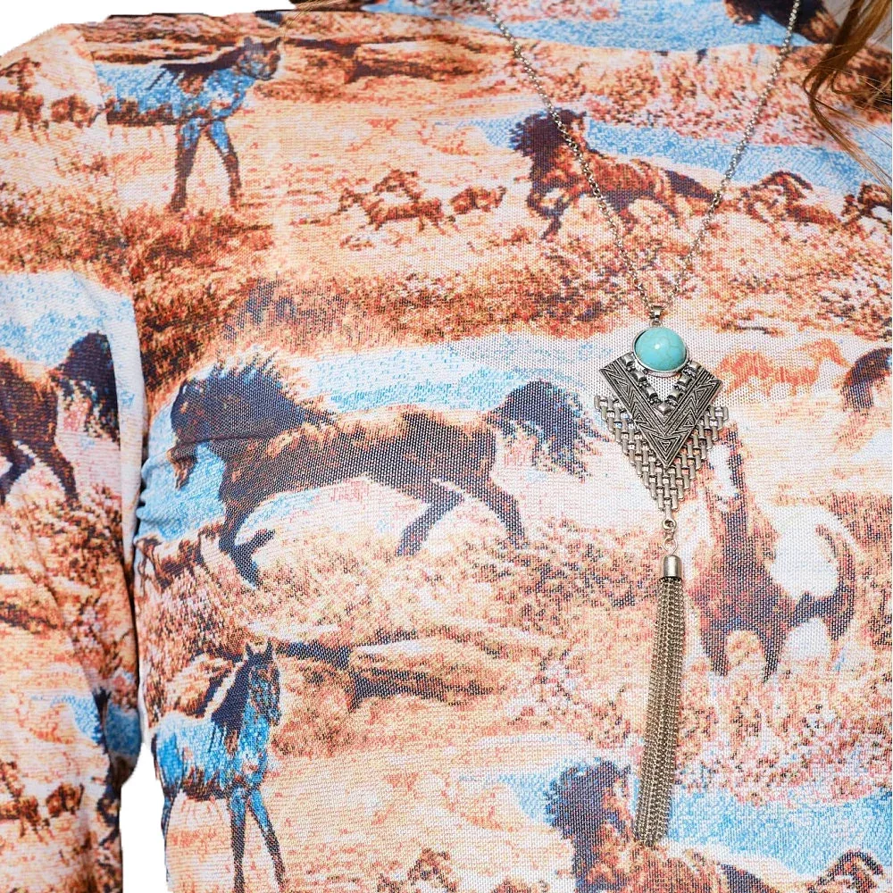 Blue B Women's Brown Western Horse Mesh Top - Image 2
