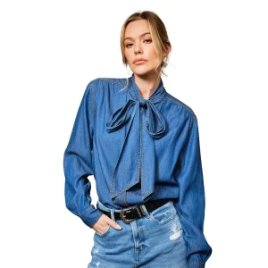 Blue B Women's Dark Wash Tie Neck Denim Top