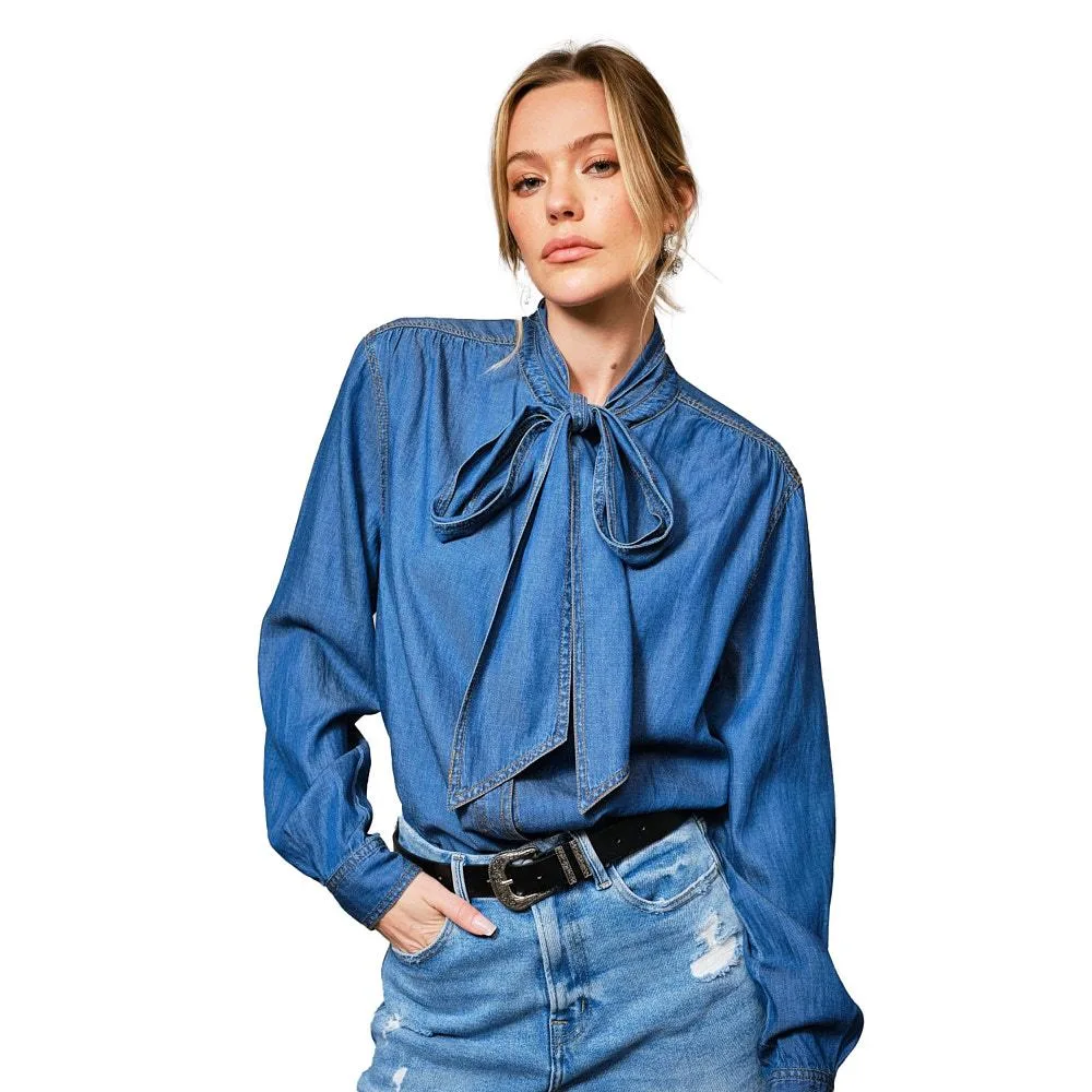 Blue B Women's Dark Wash Tie Neck Denim Top