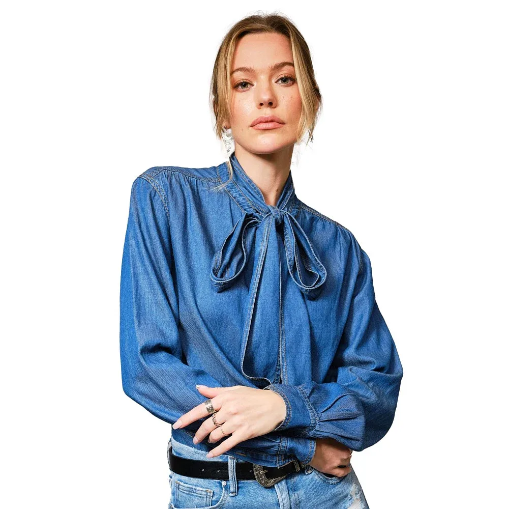 Blue B Women's Dark Wash Tie Neck Denim Top - Image 2