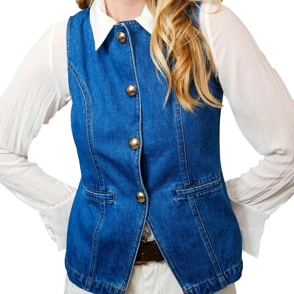 Blue B Women's Gold Button Denim Vest