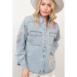 Blue B Womens Light Wash Chambray Patch Shirt
