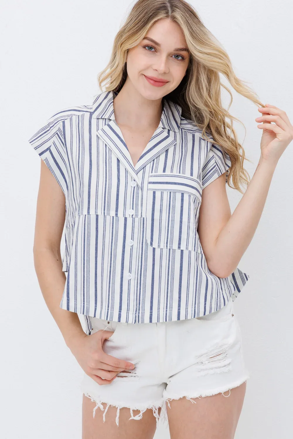 Blue B Womens Navy Stripe Button Up Shirt - Image 2