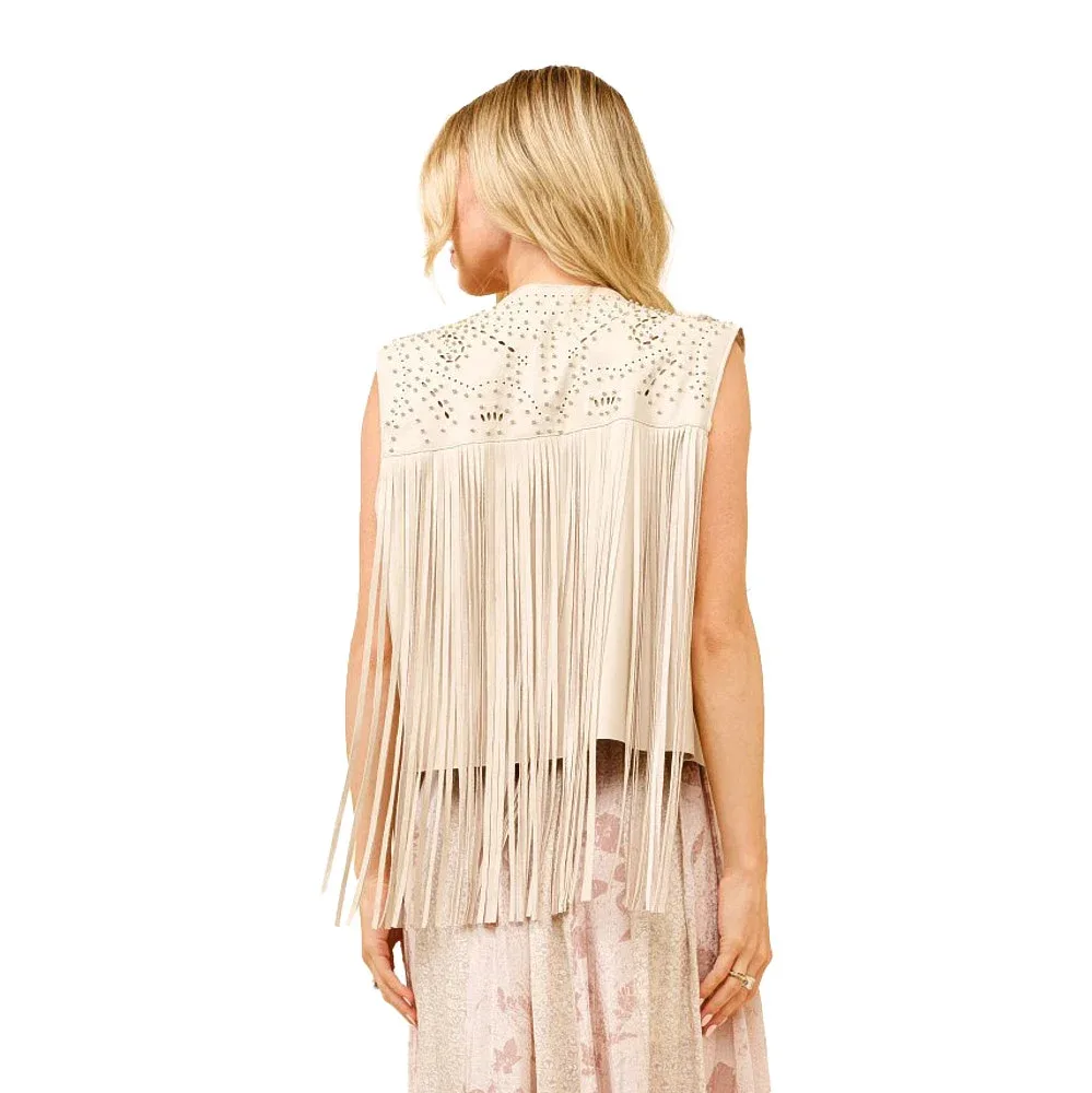 Blue B Women's Stone Faux Leather Beaded Fringe Vest - Image 2