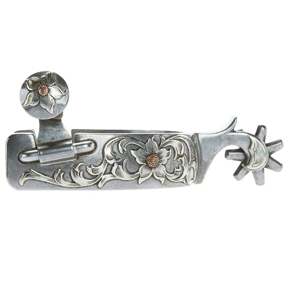 Brandon Anthony Bit & Spur Co. 1in Silver Floral Mounted with 7pt Rowel Spurs