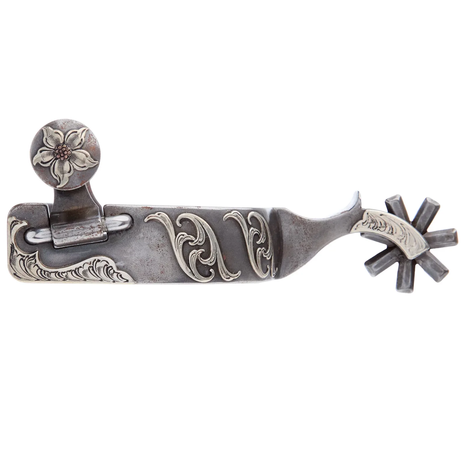 Brandon Anthony Bit & Spur Co. Engraved Silver Scroll Mens 2 Inch Band Western Spurs with 7 Point Rowel - Image 2