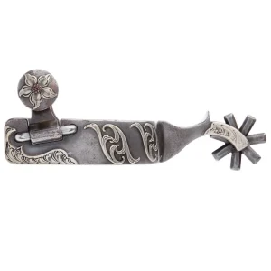 Brandon Anthony Bit & Spur Co. Engraved Silver Scroll Mens 2 Inch Band Western Spurs with 7 Point Rowel