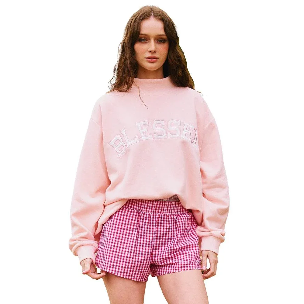 Bucketlist Women's Baby Pink Blessed Embroidered Sweatshirt