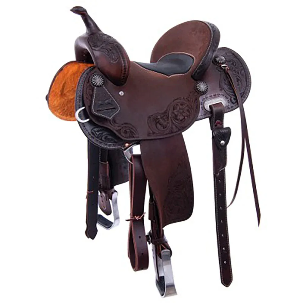 Burns Saddlery 13530FD Chocolate Tooled 13.5in Barrel Saddle-Inlay