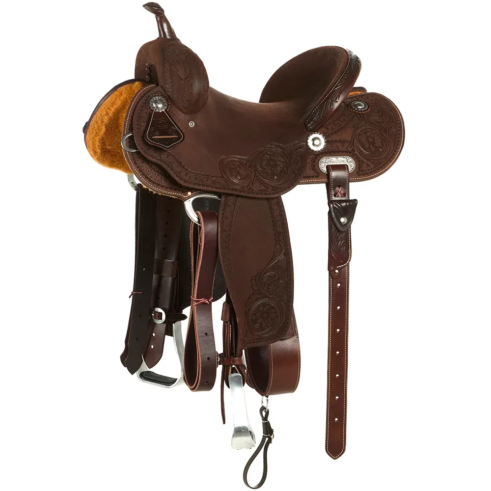 Burns Saddlery 1430MDX Chocolate Roughout Tooled 14in Barrel Saddle