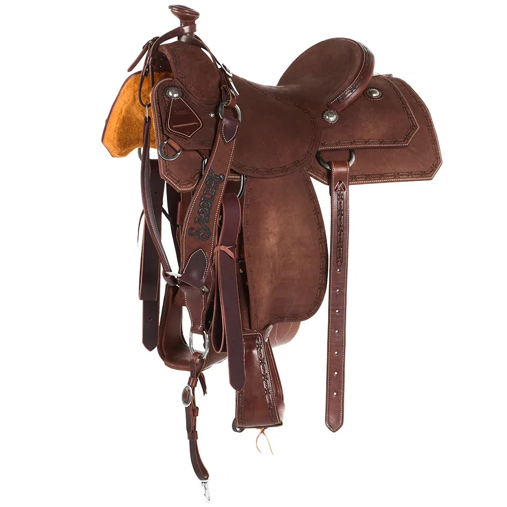 Burns Saddlery Chocolate Roughout Barbed Wire Border 16in Team Roping Saddle