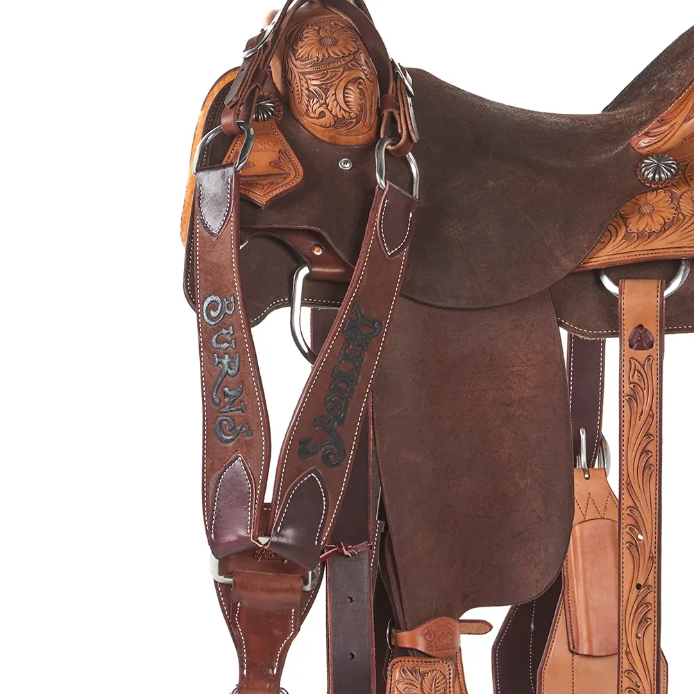 Burns Saddlery Chocolate Two-Tone Floral Tooled 15.5in Team Roping Saddle - Image 2