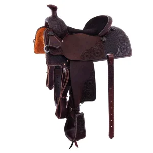 Burns Saddlery Chocolate Waffle and Floral Tooled 14.5in Versatility Saddle