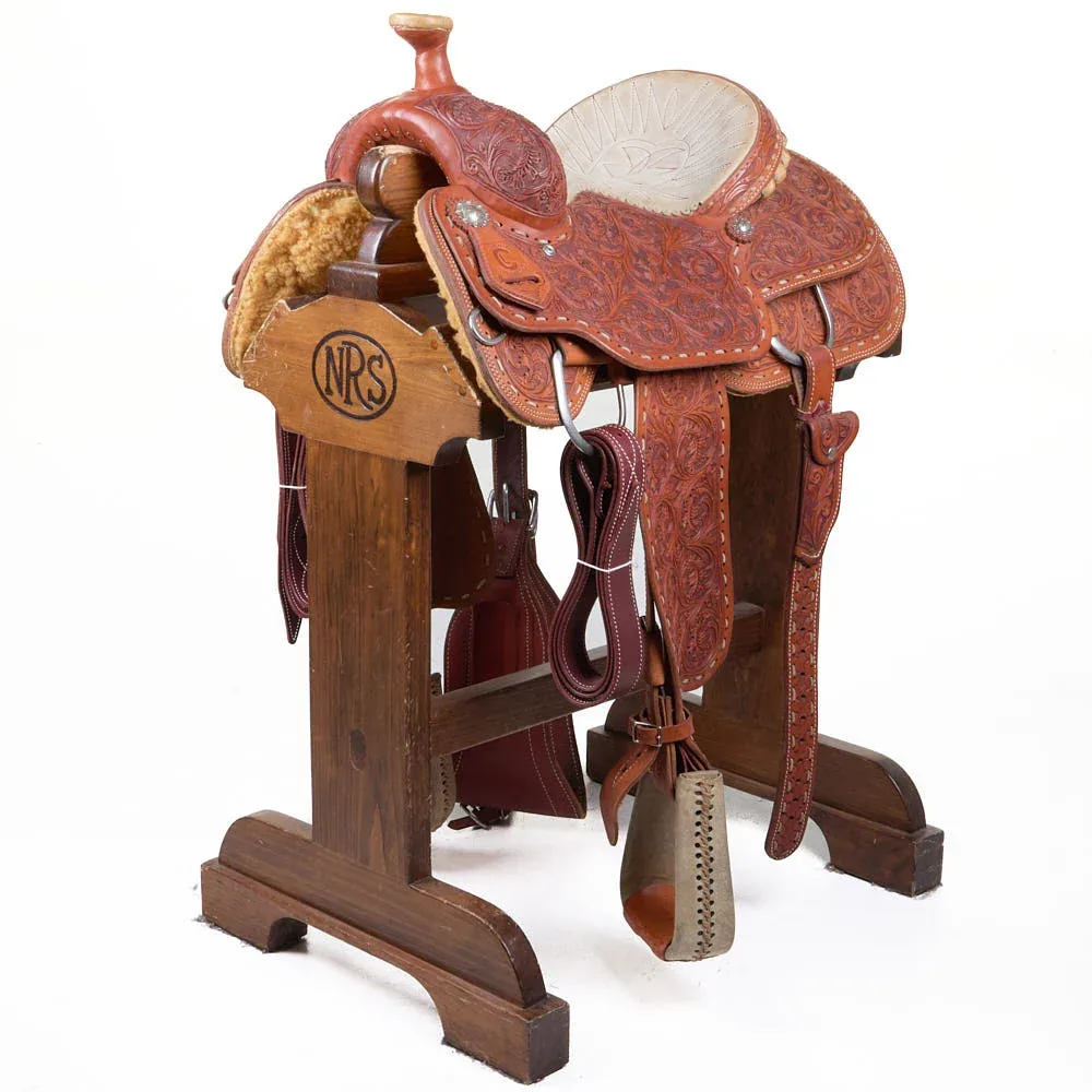 C & L Custom Saddles Used 14in Full Floral Team Roper with Quilted Seat