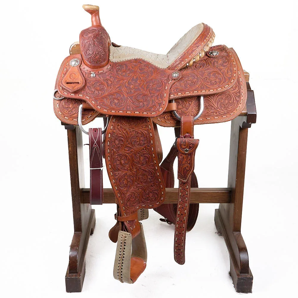 C & L Custom Saddles Used 14in Full Floral Team Roper with Quilted Seat - Image 2