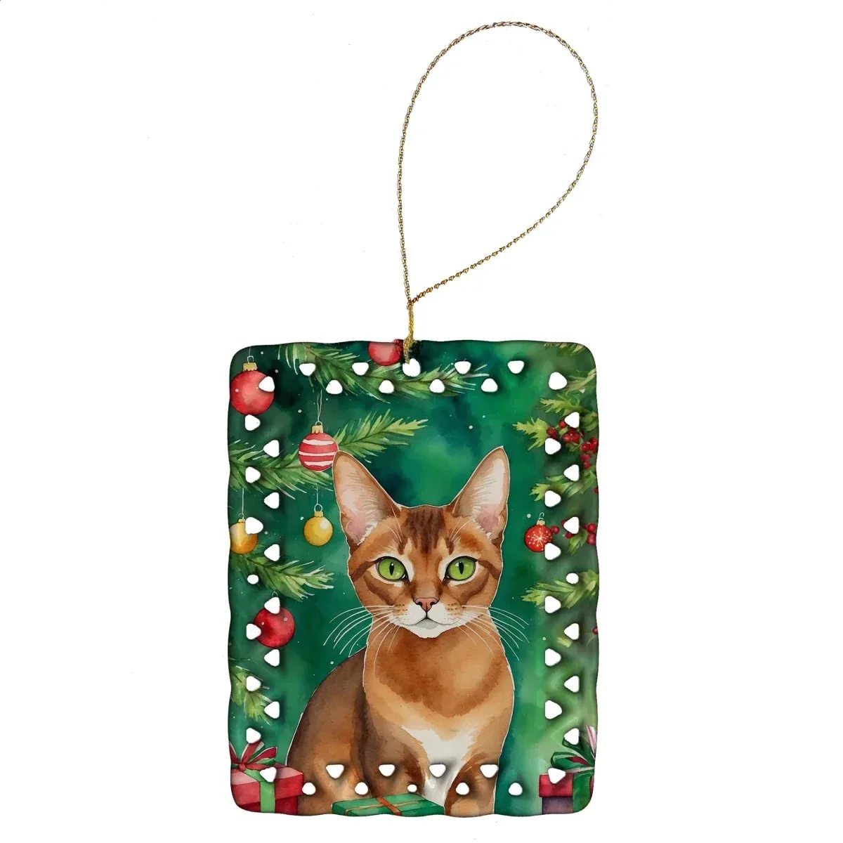 Cat By Christmas Tree Porcelain Ornament - Image 2