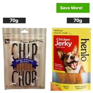 Chip Chops Chicken and Codfish Sandwich and Henlo Chicken Jerky Dog Treats Combo