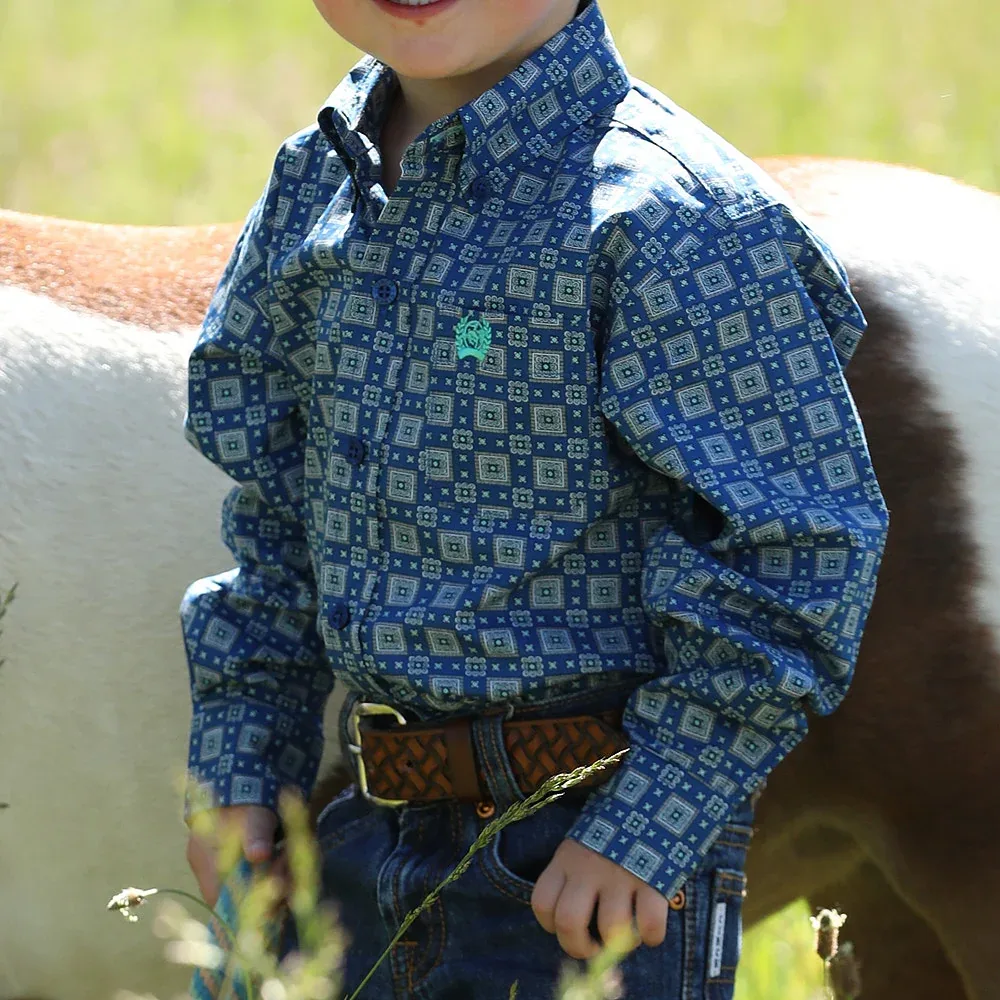 Cinch Boy's Infant Blue Print Long Sleeve Button Shirt - Image 2