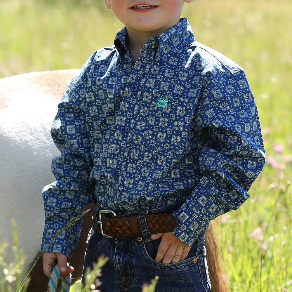 Cinch Boy's Toddler Blue Print Long Sleeve Button Shirt