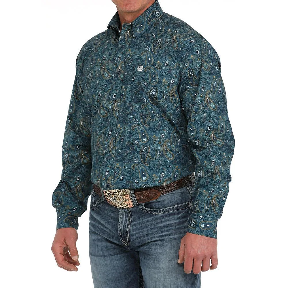 Cinch Mens Blue Paisley Print Classic Fit Long Sleeve Button Down Shirt