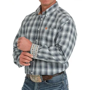 Cinch Mens Blue Plaid Classic Fit Long Sleeve Button Down Shirt