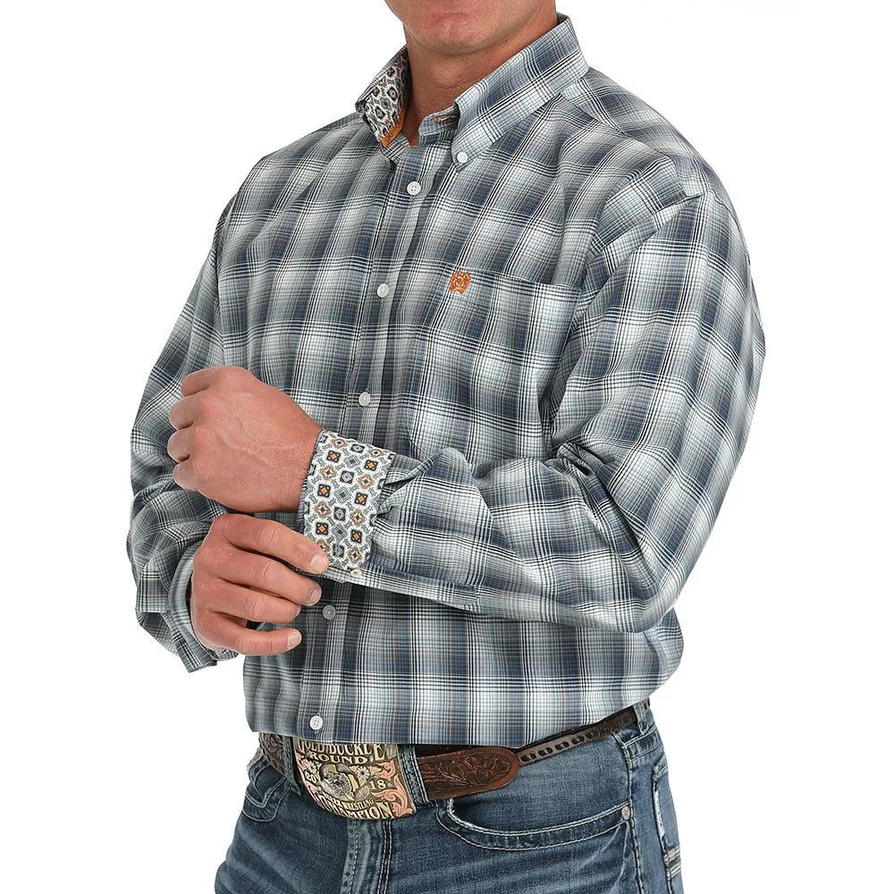 Cinch Mens Blue Plaid Classic Fit Long Sleeve Button Down Shirt