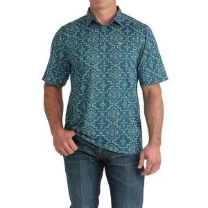 Cinch Men's Blue Print Short Sleeve ArenaFlex Polo
