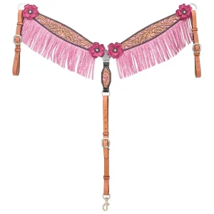 Circle Y Saddlery Malibu Pink Floral Filigree Breast Collar with Fringe