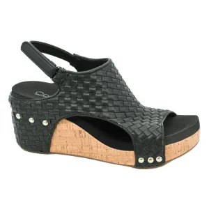 Corkys Footwear Womens Carley Black Woven Wedge Sandal