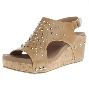 Corkys Footwear Women`s Docie Doe Caramel Studded Wedge Sandal