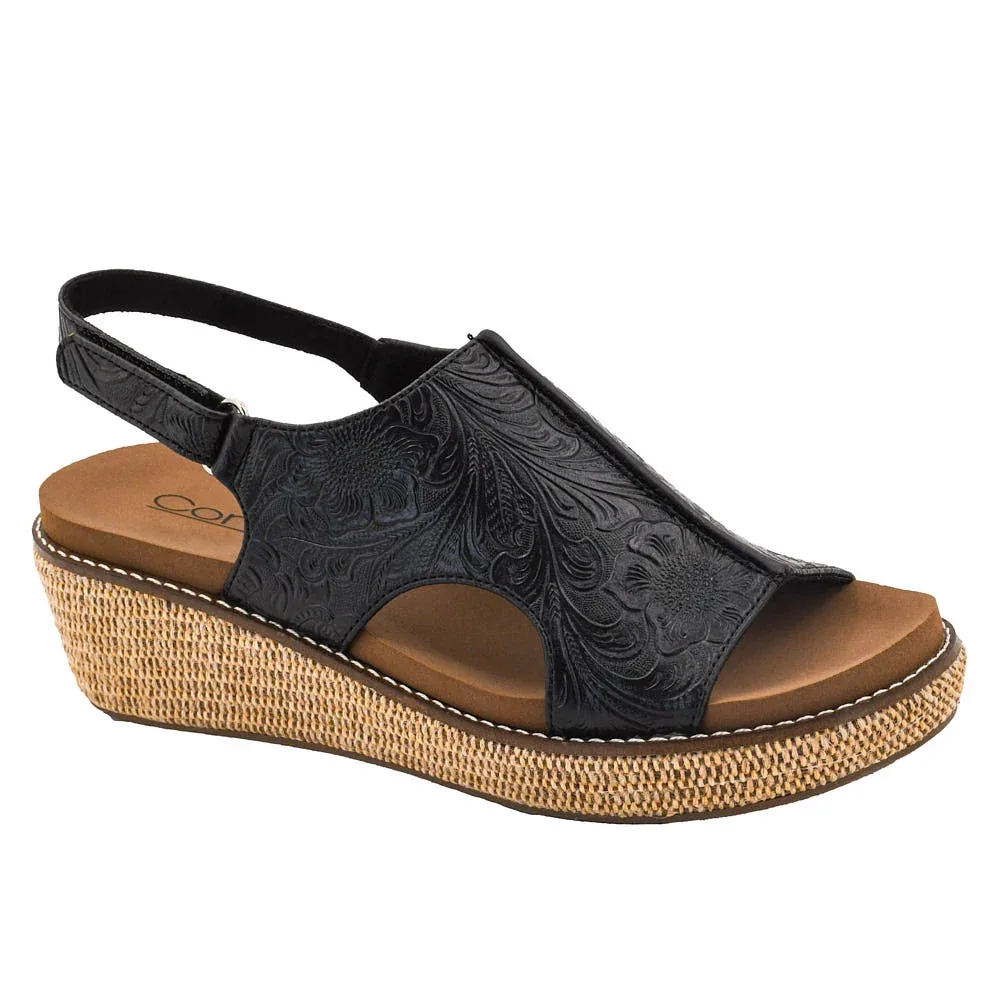 Corkys Footwear Women's Volta II Black Embossed Wedge Sandal
