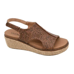 Corkys Footwear Women's Volta II Cognac Emboss Floral Wedge Sandal