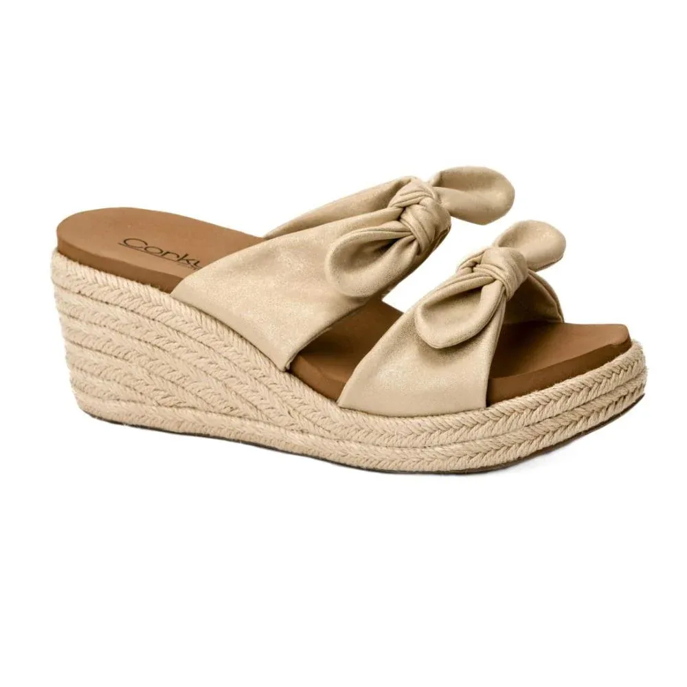 Corkys Footwear WomensTie The Knot Gold Wash Metallic Wedge Sandal