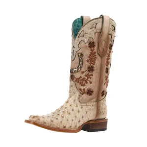 Corral Women's Ivory Ostrich Vamp 13in Floral And Horseshoe Top