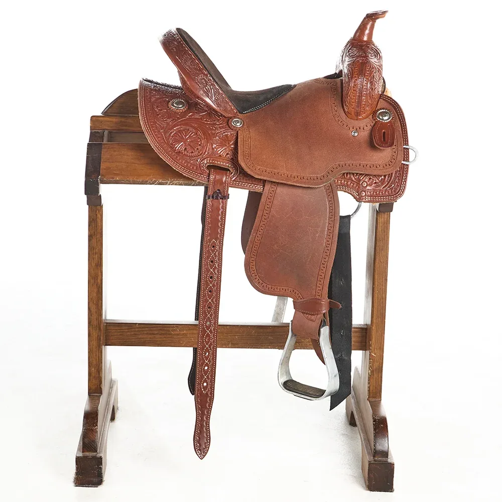 Corriente Used 14.5in Floral Tooling with Rope Border Barrel Saddle - Image 2