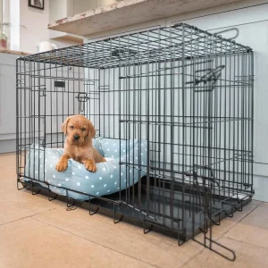 Cosy & Calming Puppy Crate Bed With Removable Covers in Duck Egg Spot by Lords & Labradors