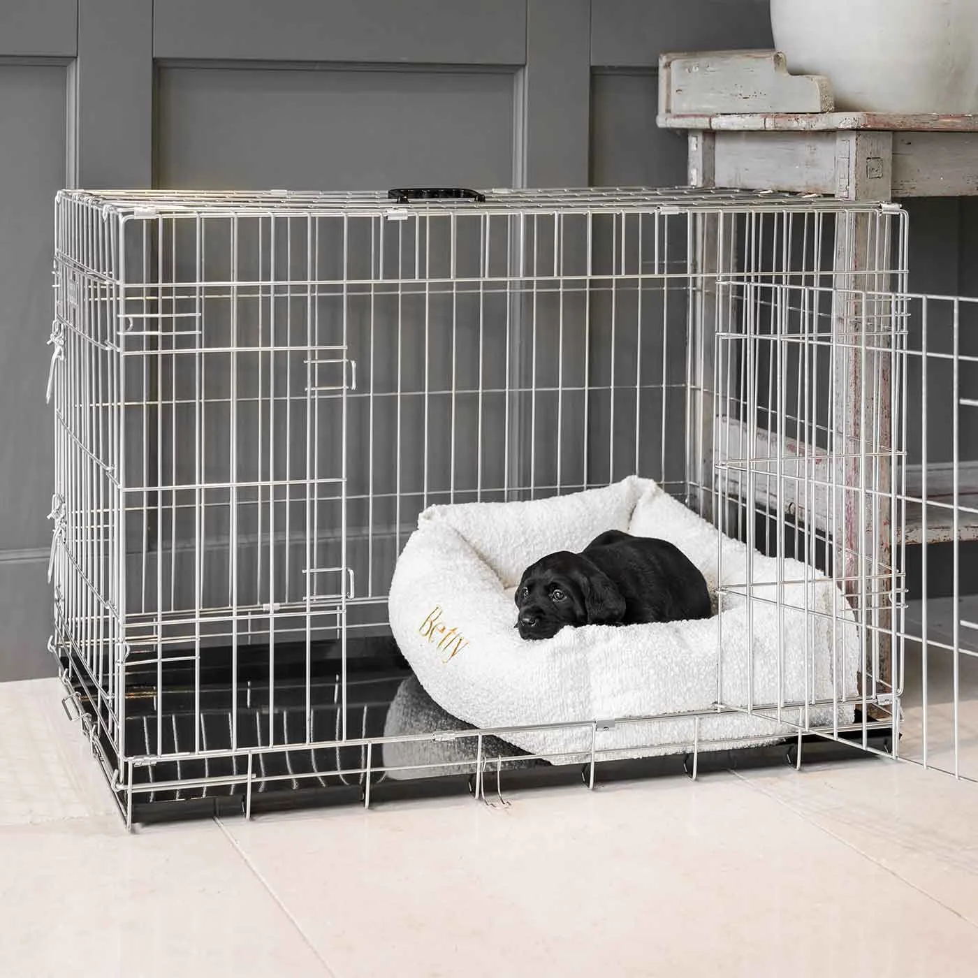Cosy & Calming Puppy Crate Bed With Removable Covers in Ivory Bouclé by Lords & Labradors