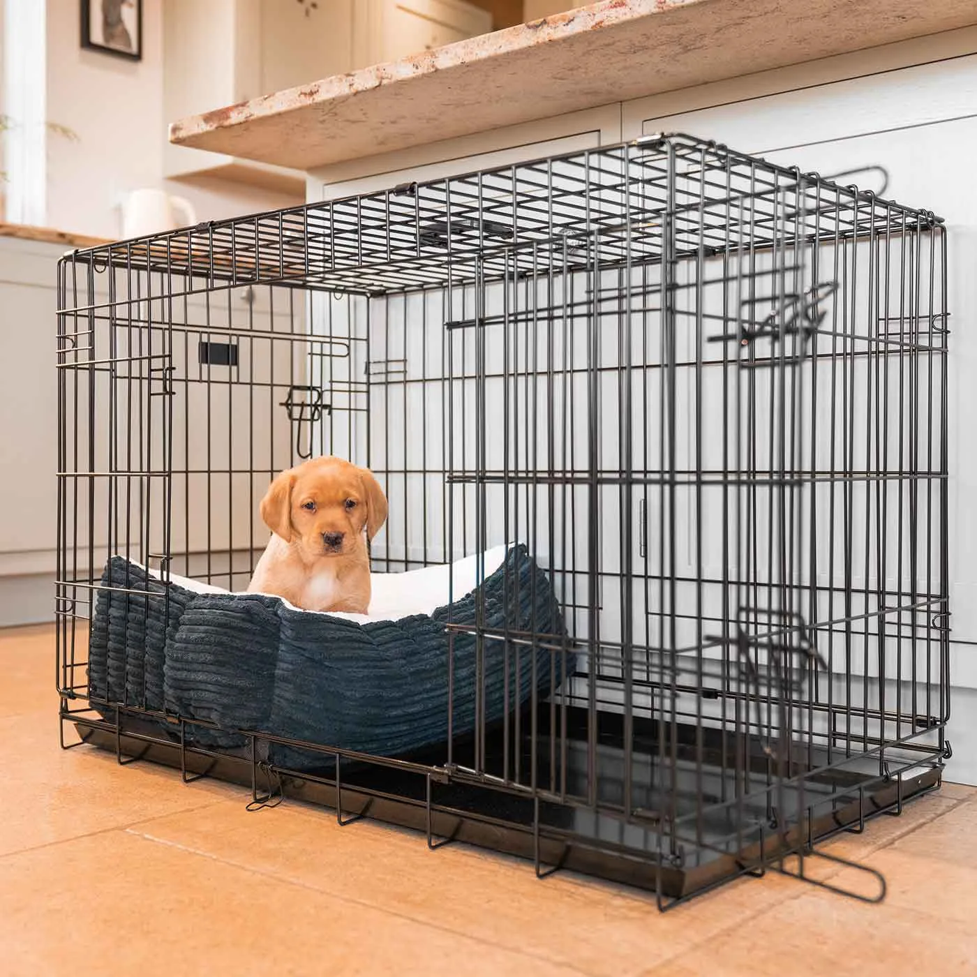 Cosy & Calming Puppy Crate Bed With Removable Covers in Navy Essentials Plush by Lords & Labradors