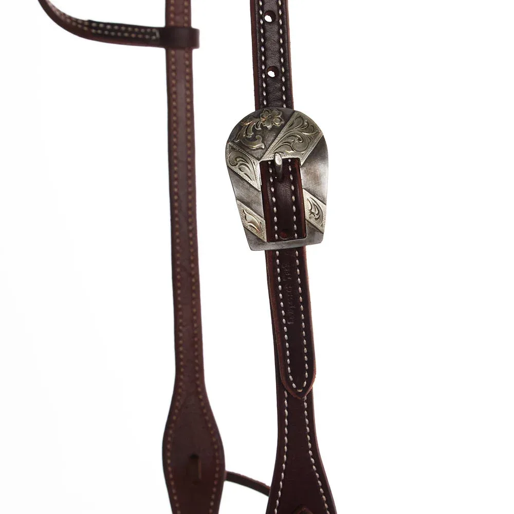 Cowperson Tack Dark Leather Single Ear Headstall with Floral Buckle - Image 2