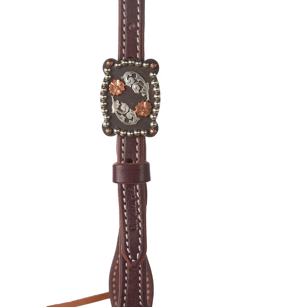 Cowperson Tack Dark Oiled Single Ear Headstall with Copper Floral Buckle - Image 2