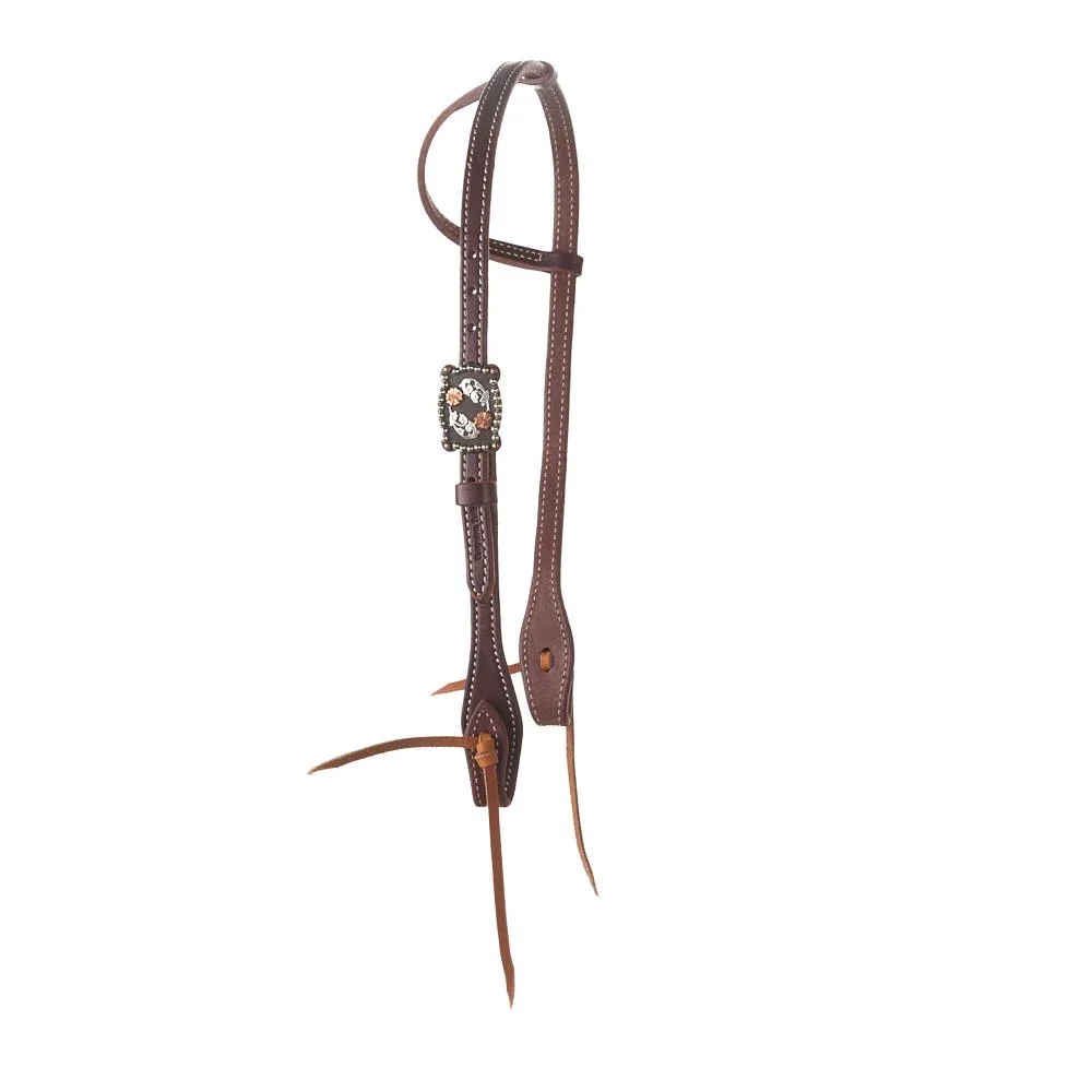 Cowperson Tack Dark Oiled Single Ear Headstall with Copper Floral Buckle