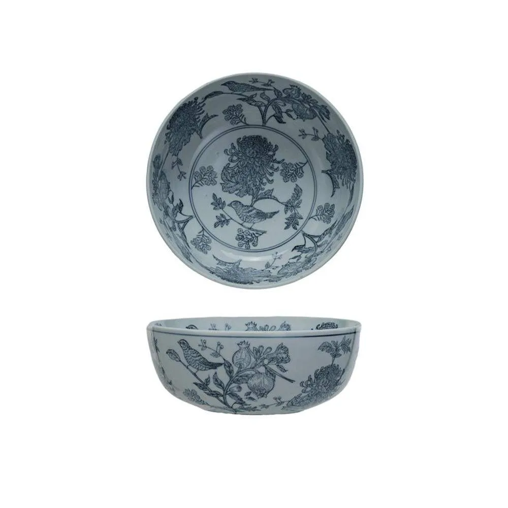 Creative Co-Op Floral Hand Stamped Stoneware Bowl