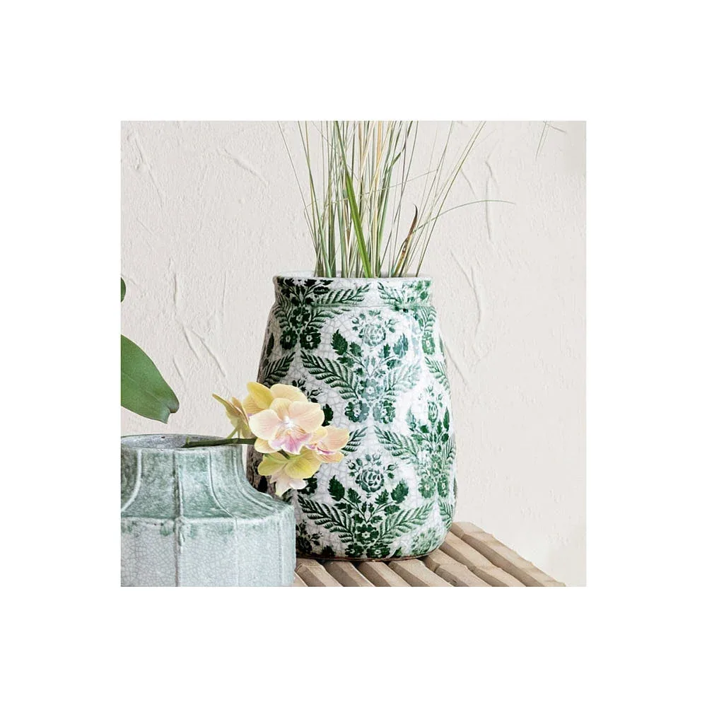 Creative Co-Op Green and White Floral Planter - Image 2
