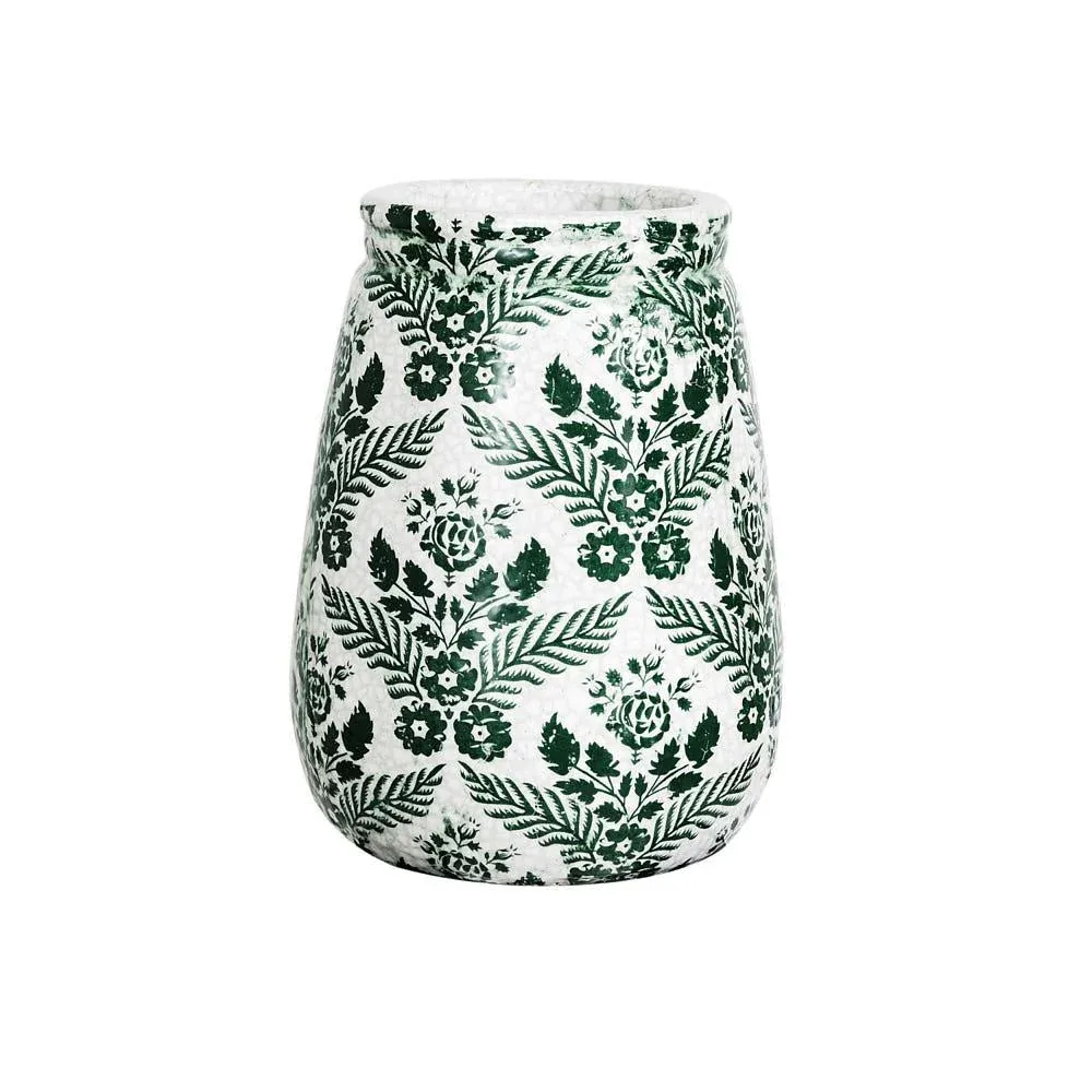 Creative Co-Op Green and White Floral Planter