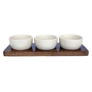 Creative Co-Op Mango Wood Tray With 3 Stoneware Bowls
